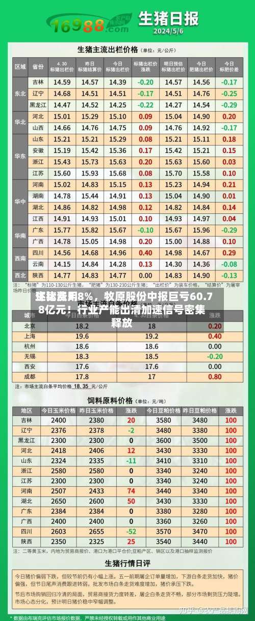 生猪费用环比涨5.8%，牧原股份中报巨亏60.78亿元！行业产能出清加速信号密集释放