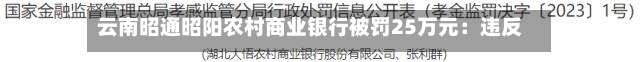 云南昭通昭阳农村商业银行被罚25万元：违反国库管理相关规