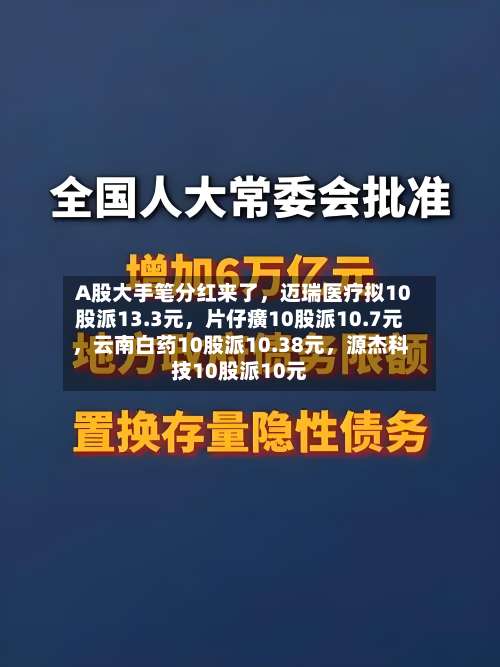 A股大手笔分红来了，迈瑞医疗拟10股派13.3元，片仔癀10股派10.7元，云南白药10股派10.38元，源杰科技10股派10元