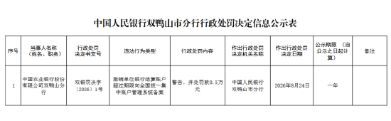 农业银行双鸭山分行被罚0.5万元：撤销单位银行结算账户超过期限向全国统一集中账户管理系统备案